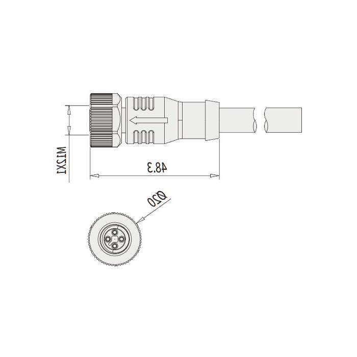 M12 4-PIN T-coded, straight female, single-end precast PUR flexible cable, black sheath, 64TP05-XXX